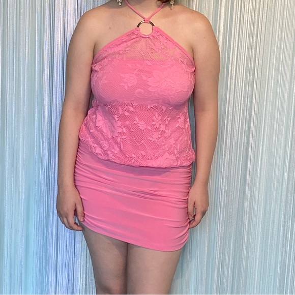 Sirens Pink Floral Lace Mesh Halter Top Mini Dress Size S - Picture 13 of 16